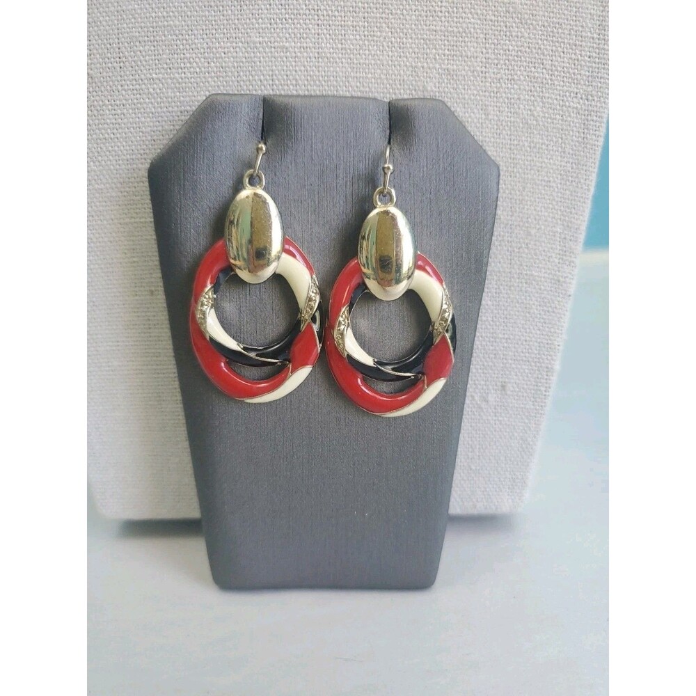 Vintage 80s Statement Dangle Hoop Earrings Red White Blue Enamel Gold Tone Retro